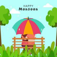 Lycklig monsun affisch design med tillbaka se av ung par Sammanträde på bänk under paraply och träd på vatten droppar cyan bakgrund. vektor