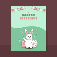 påsk hälsning kort eller flygblad design med tecknad serie kanin, målad ägg, blommor och flaggväv flaggor på grön bakgrund. vektor