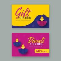 Diwali Geschenk Gutschein Vorlage einstellen mit Papier Schnitt beleuchtet Öl Lampen zum veröffentlichen. vektor