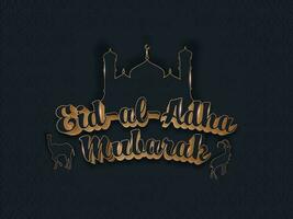 3d eid al adha Mubarak Schriftart mit Papier Schnitt Kamel, Ziege und Moschee auf schwarz islamisch Muster Hintergrund. vektor