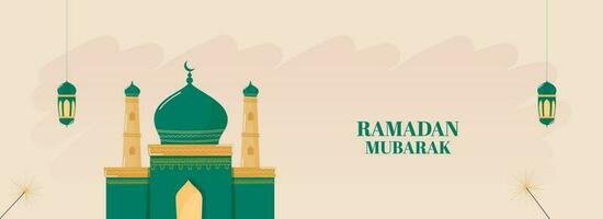 Ramadan Mubarak Header oder Banner Design mit Moschee Illustration und Arabisch Laternen hängen auf Beige Hintergrund. vektor