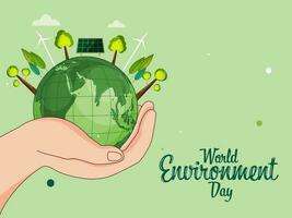 värld miljö dag begrepp med mänsklig hand innehav jord klot, träd, väderkvarnar, sol- paneler på grön bakgrund. vektor