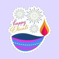 Aufkleber Stil glücklich Diwali Schriftart mit zündete Öl Lampe und Feuerwerk auf Pastell- violett Hintergrund. vektor