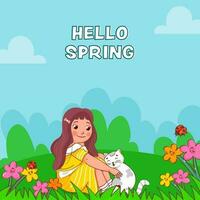 Hallo Frühling Hintergrund mit süß Mädchen Sitzung und Katze Illustration. vektor