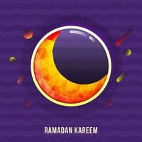 Orange Polygon Halbmond Mond auf lila wellig Streifen Hintergrund zum Ramadan kareem Konzept. vektor