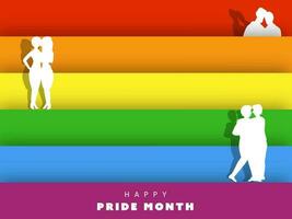 glücklich Stolz Monat Konzept mit Papier Schnitt Fröhlich und Lesben Paar Umarmen auf Regenbogen Papier Streifen Hintergrund. vektor