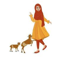 Illustration von schön Muslim jung Dame mit Mutter Ziege und Baby Ziege auf Weiß Hintergrund. vektor