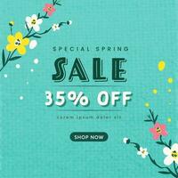 Frühling Verkauf Poster Design mit Rabatt Angebot und Blumen- auf Blau Jute Textur Hintergrund. vektor