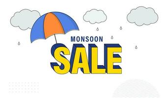Monsun Verkauf Banner Design mit Regenschirm und regnerisch Wolken auf Weiß Hintergrund. vektor