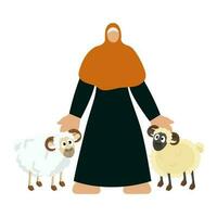 ansiktslös islamic ung kvinna stående med två får djur- på vit bakgrund. vektor
