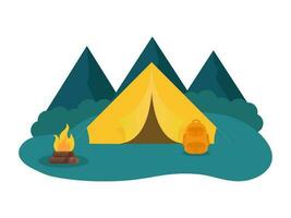 vektor camping tält med ryggsäck, bål på blå berg och vit bakgrund.