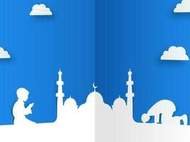 vit papper moské med islamic Pojkar erbjudande namaz bön, moln och kopia Plats på blå bakgrund för muslim gemenskap festival fira. vektor