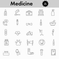 schwarz linear Stil 25 Medizin Symbol auf Weiß Hintergrund. vektor