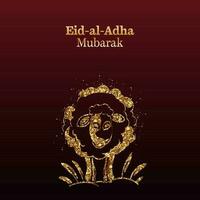 golden eid al adha Mubarak Schriftart mit glänzend bewirken Schaf gegen dunkel rot Hintergrund. vektor