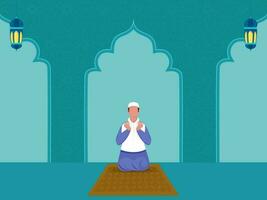 Vorderseite Aussicht von gesichtslos Muslim Mann Angebot namaz Gebet beim Matte und Arabisch Laternen auf Blau islamisch Muster Hintergrund. vektor