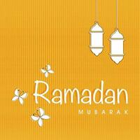 Weiß Ramadan kareem Schriftart mit Schmetterlinge und hängend Laterne auf Chrom Gelb Streifen Muster Hintergrund. vektor