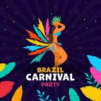 Brasilien karneval fest affisch design med kvinna samba dansare, fjädrar och löv stam dekorerad på lila strålar bakgrund. vektor