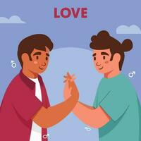 Illustration von jung Fröhlich Paar halten jeder andere Hände und Mars Zeichen auf Blau Hintergrund zum Liebe Konzept. vektor