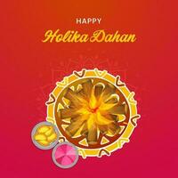Lycklig holika dahan firande begrepp med topp se av bål, indisk ljuv och pulver Färg på röd bakgrund. vektor