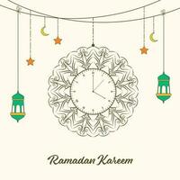 Ramadan kareem Konzept mit Gekritzel Stil Mandala Uhr aufhängen, Arabisch Laternen, Sterne, Halbmond Mond auf Beige Hintergrund. vektor