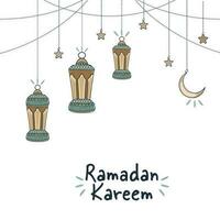 Ramadan kareem Konzept mit Gekritzel Stil Arabisch Laternen, Sterne und Halbmond Zeichenfolge auf Weiß Hintergrund. vektor