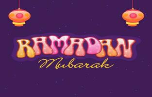 stilvoll Ramadan Mubarak Schriftart und hängend Laternen auf lila Hintergrund. vektor