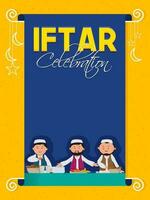 iftar Party Flyer Design mit islamisch Männer genießen köstlich Lebensmittel auf Blau und Orange Hintergrund. vektor