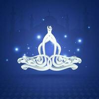 3d vit ramadan kareem kalligrafi i arabicum språk med ljus effekt på blå silhuett moské bakgrund. vektor