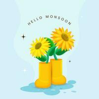 Hallo Monsun Gruß Karte mit Sonnenblume Pflanzen im 3d Stiefel Über Blau Hintergrund. vektor