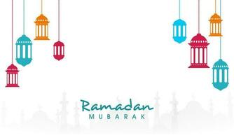 Ramadan Mubarak Feier Banner Design mit hängend bunt Laternen dekoriert auf Weiß Silhouette Moschee Hintergrund. vektor