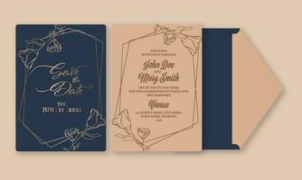 Eleganz Hochzeit Karte Vorlage Design mit doppelseitig im Blau und braun Farbe. vektor