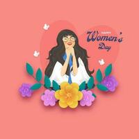 Lycklig kvinnors dag begrepp med glad ung flicka karaktär, blommor, löv, papper fjärilar på röd bakgrund. vektor