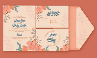 Blumen- Hochzeit Einladung Karte einstellen mit Briefumschlag auf Orange Hintergrund. vektor