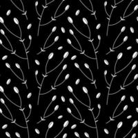 einfarbig nahtlos Pflanze Muster. Vektor Illustration von Blumen- Ornament. schwarz und Weiß Zeichnung von Zweige mit Blätter und Knospen. dunkel botanisch Hintergrund.