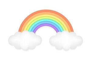 abstrakt 3d Regenbogen Bogen mit Wolken Vektor Illustration mit Lehm Wirkung. süß Design Element zum dekorativ Konzept. verwenden wie Zeichen, Symbol, oder Grafik zum glücklich und kreativ Entwürfe. isoliert auf Weiß