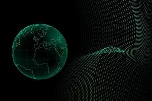 mörk Plats 3d framställa av jorden, galax och neon nätverk. trogen vetenskap fiktion begrepp för internationell luft resa och webb anslutning. vektor illustration av värld Karta och teknologi