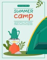 a4 affisch för sommar camping, resa, resa, vandring, turist, natur, resa, picknick. design av en affisch, baner, folder, omslag, särskild erbjudande, annons. vektor illustration i en platt stil.