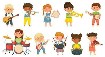 Kinder spielen Musical Instrumente, Kinder Orchester Musik- Hobby. süß Jungs und Mädchen Musiker spielen auf Gitarre, Schlagzeug, Violine Vektor einstellen