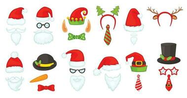 tecknad serie jul hattar och Tillbehör, Foto bås rekvisita. santa hatt och skägg, ren horn, röd näsa, älva keps, xmas fest mask vektor uppsättning