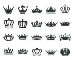 König Kronen Symbol Silhouette, Königin Tiara, königlich Krone Logo. Leistung Dynastie Lizenzgebühren Emblem, Jahrgang heraldisch schwarz Symbole Vektor einstellen