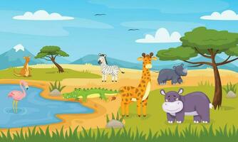 tecknad serie vild djur i savann, afrikansk safari vilda djur och växter. söt zebra, krokodil, flamingo, giraff, savann landskap vektor illustration