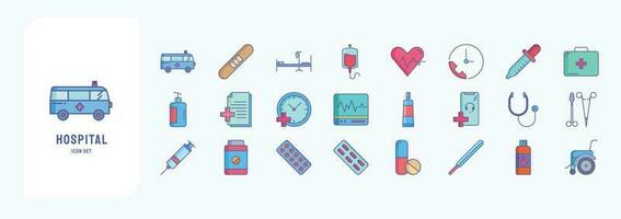 Krankenhaus und medizinisch, einschließlich Symbole mögen Krankenwagen, Bett, Blut, zuerst Hilfe Kit und Mehr vektor