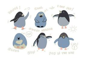 uppsättning av sex söt bebis pingviner i annorlunda poserar, dans, sovande, Hoppar, påfrestande till flyga, etc. hand dragen vektor illustration.