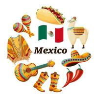 Mexiko-Symbolsatz, Sambrero, Poncho, Gitarre, Cowboystiefel, Maracas, Lama und Flagge. Abbildung, Vektor