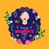 glücklich Damen Tag Konzept mit gesichtslos weiblich tragen Tiara, Blumen, Blätter dekoriert auf Blau und Gelb Hintergrund. vektor