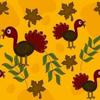 Karikatur Truthahn Vögel und Herbst Blätter dekoriert auf Gelb Hintergrund. vektor