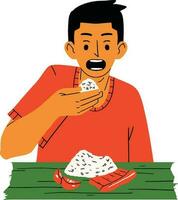 Vektor Illustration von ein Mann im ein rot T-Shirt ist Essen Lebensmittel.