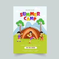 sommar läger broschyr mall design med barn spelar i främre av tält och mötesplats detaljer. vektor