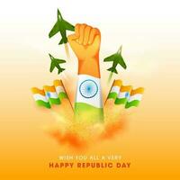 glücklich Republik Tag Konzept mit Hand Faust hoch, indisch Flaggen, Kämpfer Jets auf Weiß und Gelb Hintergrund. vektor