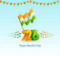 3d 26 siffra med vågig indisk flagga och flaggväv flaggor på blå bakgrund för Lycklig republik dag. vektor